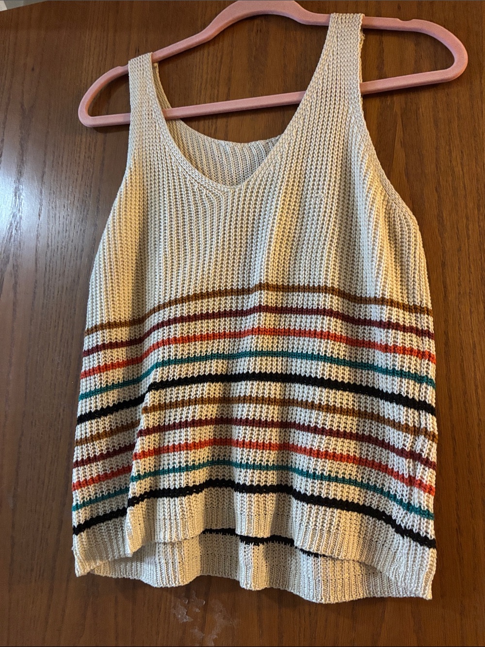 Striped Cream Knit Tank Top with Multicolor Bands